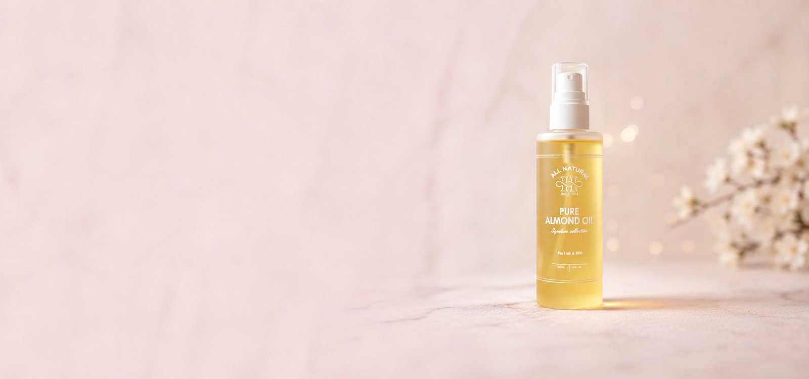 A bottle of Herbal Magical pure almond oil in soft natural light